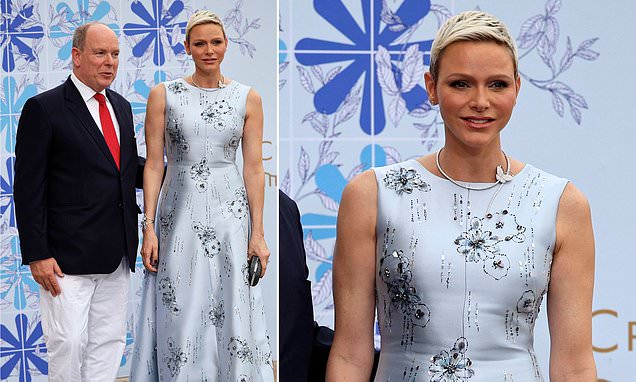 Feeling floral! Princess Charlene of Monaco dazzles in a blue patterned gown as she joins Prince Albert at the 73rd Red Cross Gala in Monte Carlo